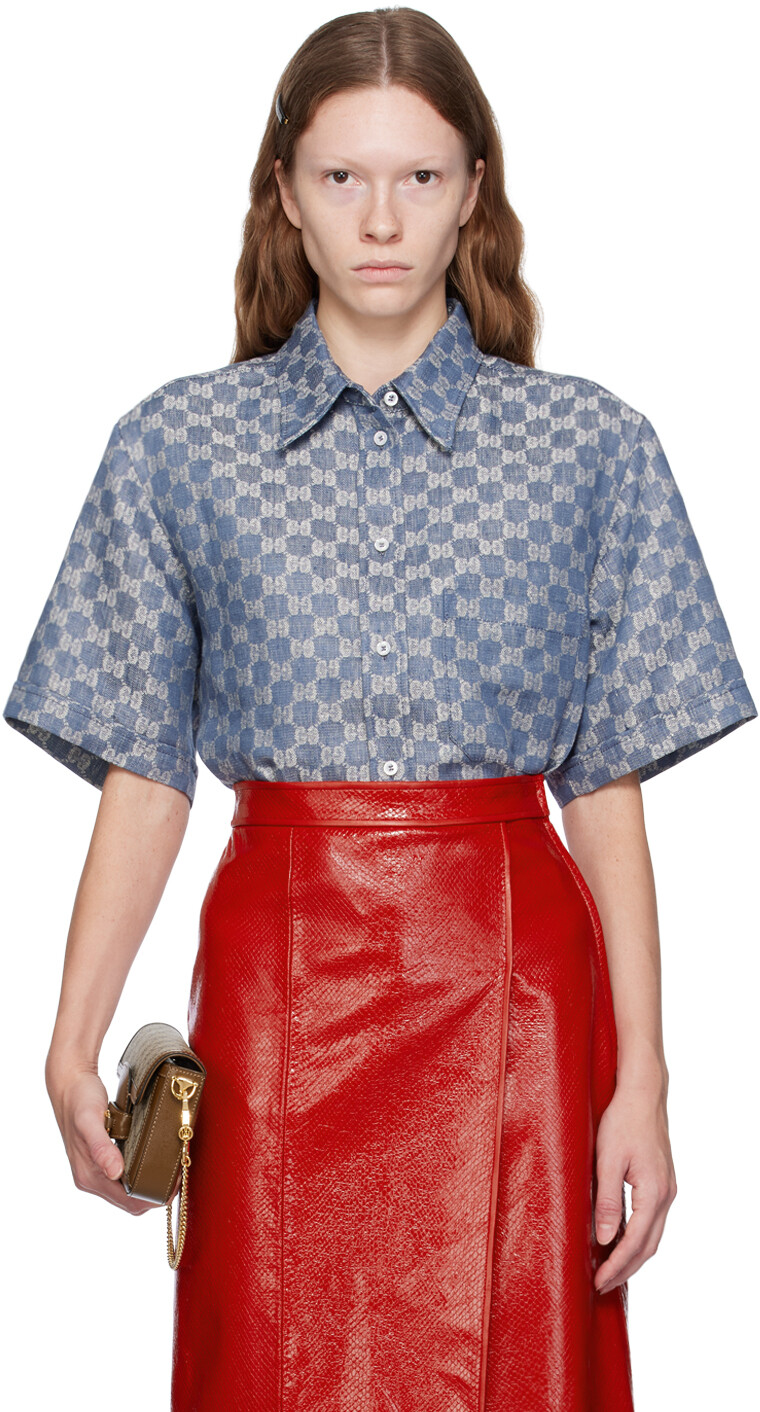

Темно-синяя и кремово-белая рубашка с узором GG Gucci