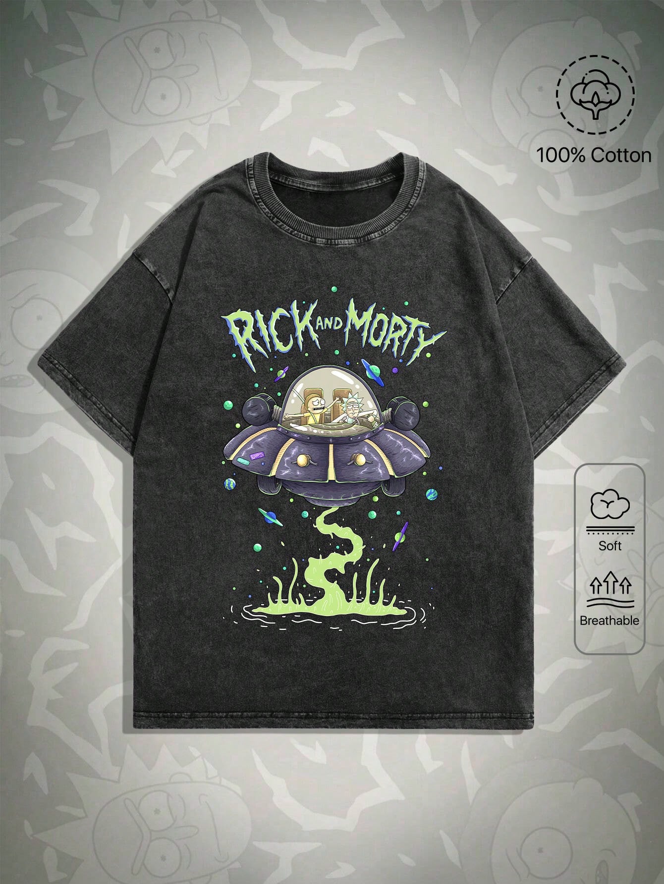 Рик и Морти | ROMWE Мужская футболка с круглым вырезом и принтом букв и мультфильмов, черный