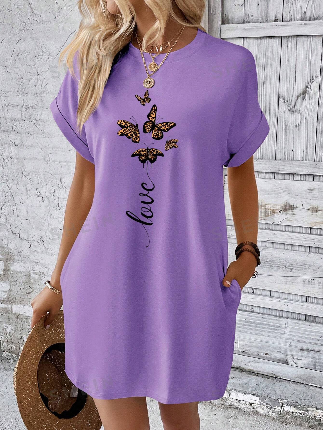 цена SHEIN LUNE Женское платье-футболка с рукавами «летучая мышь» и принтом бабочки, фиолетовый