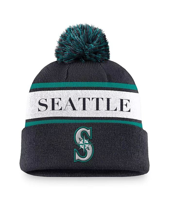 

Мужская темно-синяя вязаная шапка с манжетами и помпоном в полоску Seattle Mariners Team Nike, синий