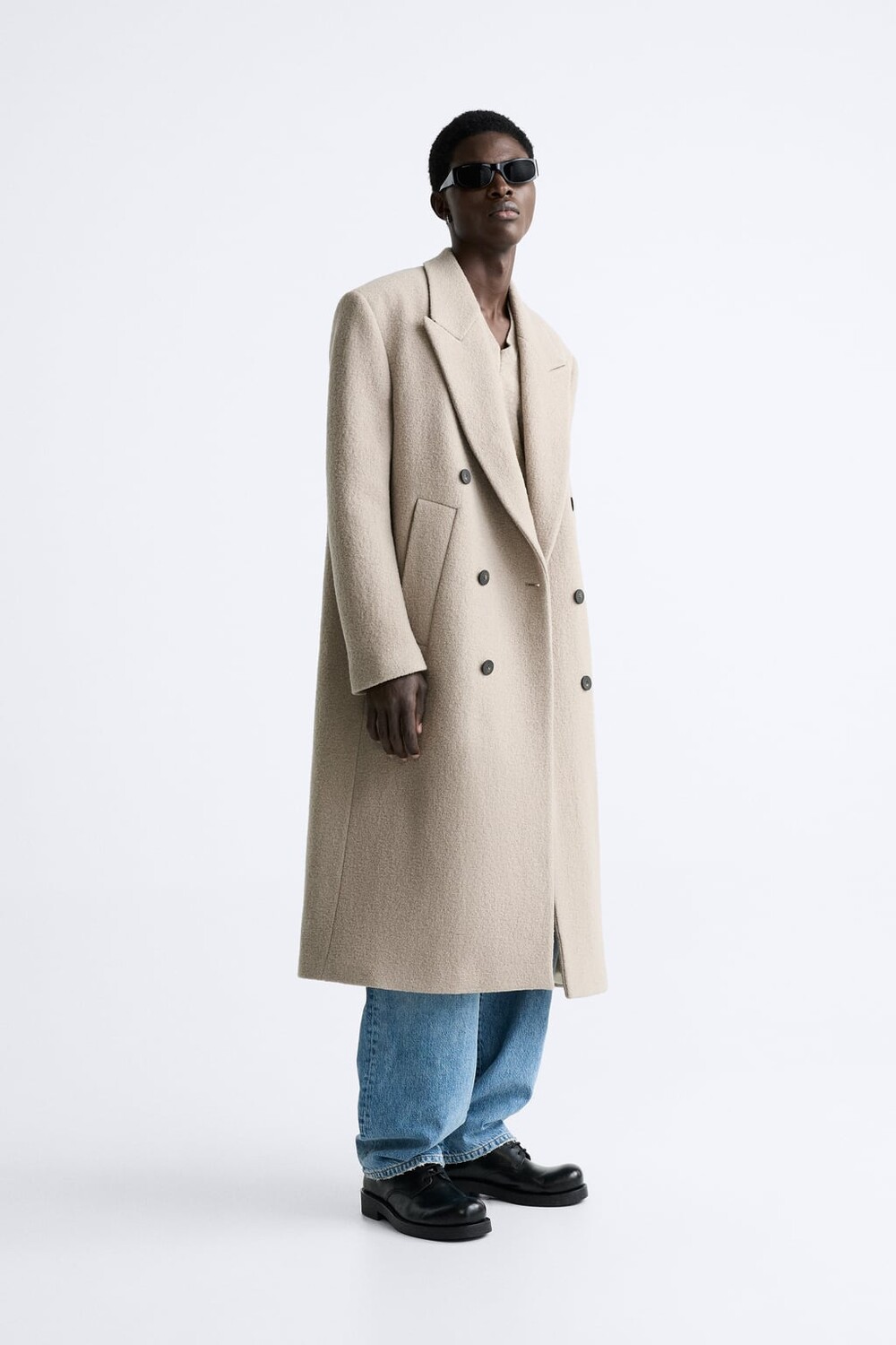 

Фактурное двубортное пальто ZARA, коричневый