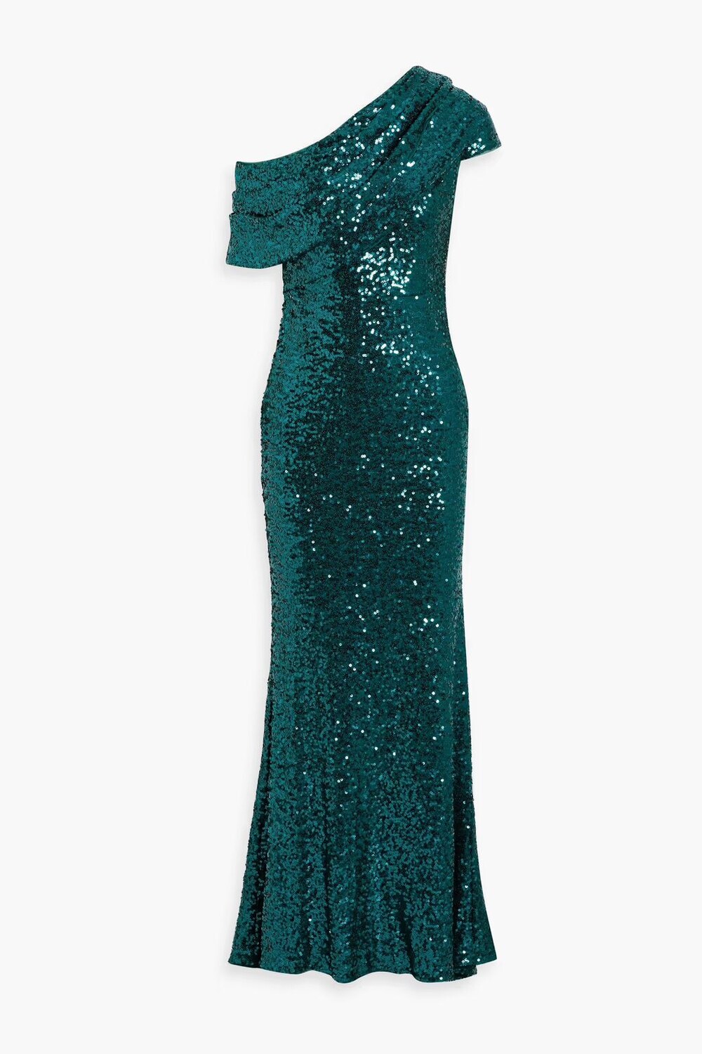 

Платье из тюля с пайетками и драпировкой на одно плечо Badgley Mischka, цвет морской волны