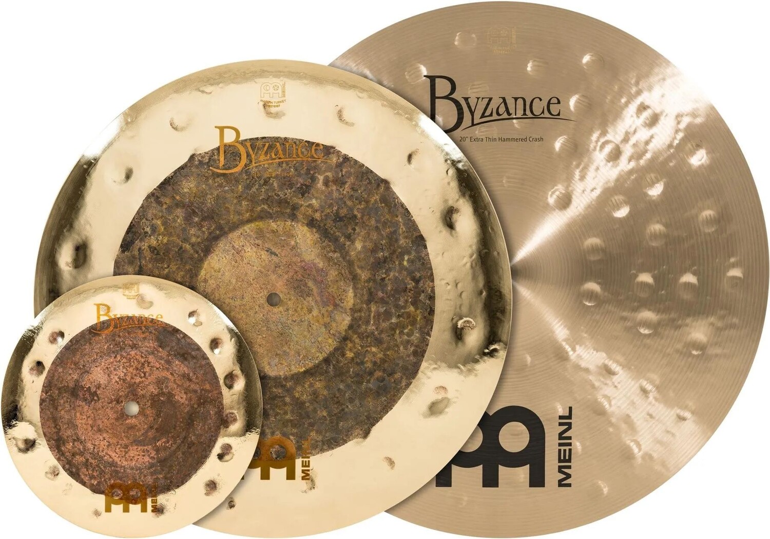 

Тарелки Meinl Byzance Mixed Crash Pack — 10-дюймовые тарелки Dual Splash, 18-дюймовые Dual и 20 — Raw/Brilliant и сверхтонкие кованые традиционные