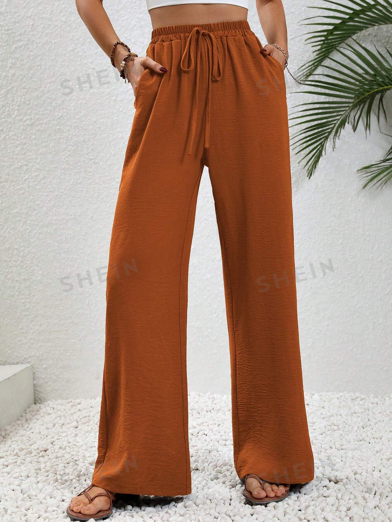 цена SHEIN LUNE женские однотонные длинные брюки с завышенной талией и завязками на талии и карманами, жженый апельсин