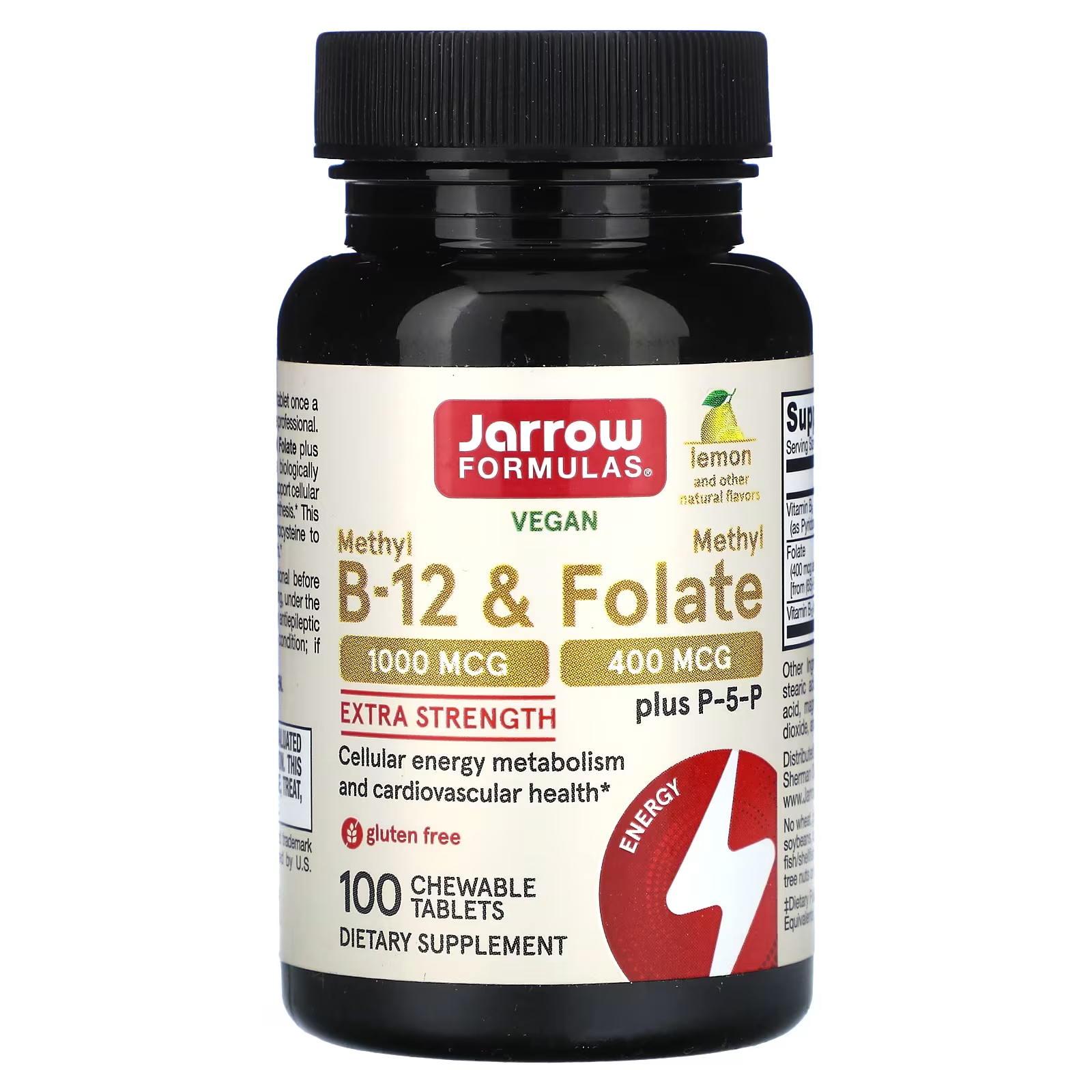 Метил B-12 и метилфолат повышенной прочности Jarrow Formulas с лимоном, 100 жевательных таблеток jarrow formulas folate forte метилфолат метил b12 и p 5 p 30 таблеток