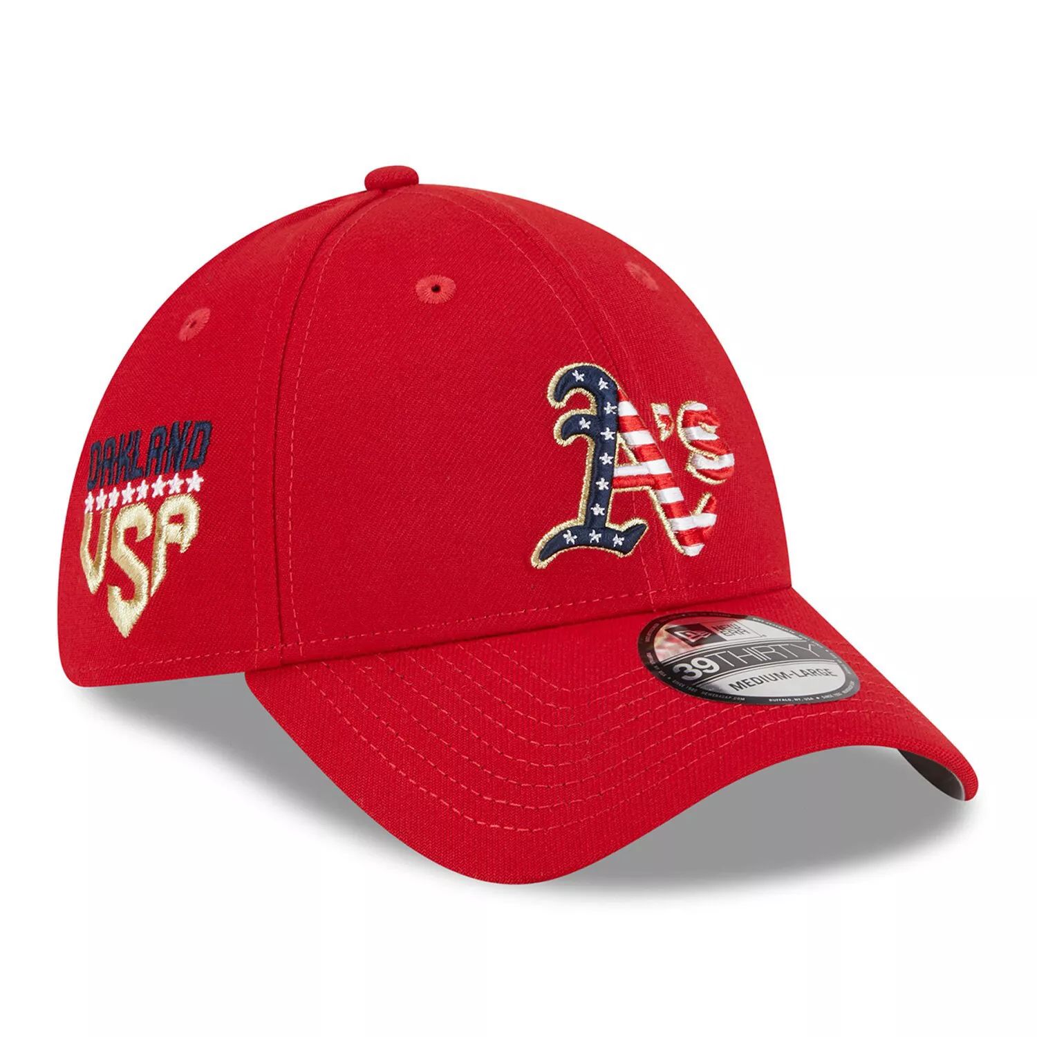 

Мужская кепка New Era Red Oakland Athletics 4 июля 39THIRTY Flex Fit, 2023 г.