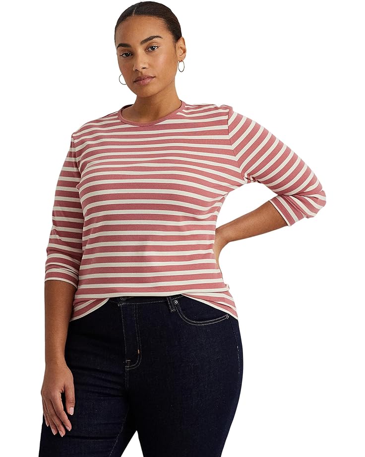 цена Футболка LAUREN Ralph Lauren Plus-Size Striped Cotton Long-Sleeve, цвет Pink Mahogany/Mas Cream