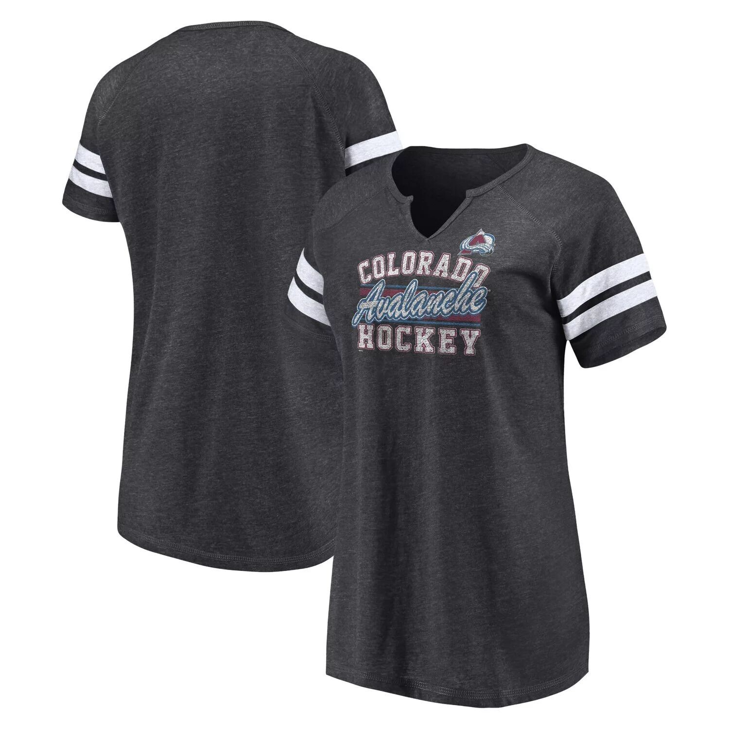 

Женская футболка с логотипом Fanatics Heather Charcoal Colorado Avalanche Quick Out с вырезом реглан и вырезом Fanatics