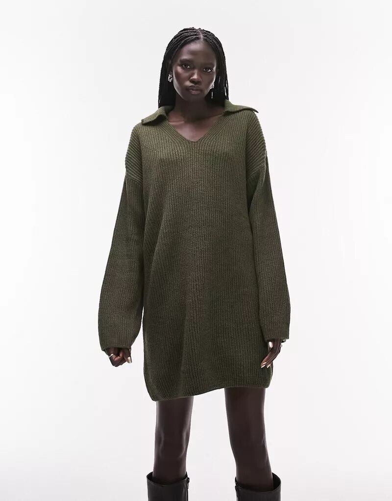 

Трикотажное платье цвета хаки с воротником Topshop