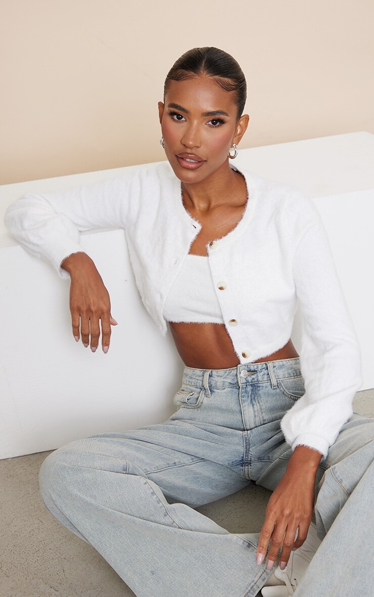 

PrettyLittleThing Кремовый вязаный укороченный кардиган с ресницами, Бежевый