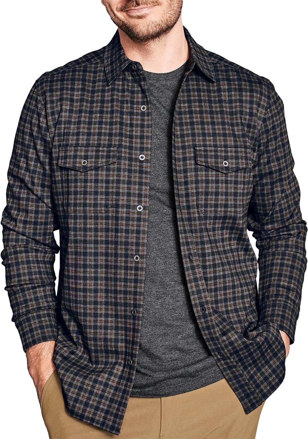 

Вязаная рубашка на пуговицах спереди Johnston & Murphy, цвет Navy/Brown Plaid