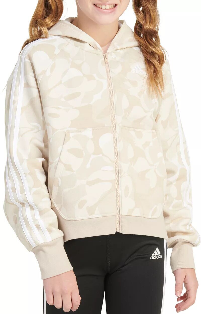 

Флисовая куртка Adidas с капюшоном и молнией спереди Essential с 3 полосками для девочек