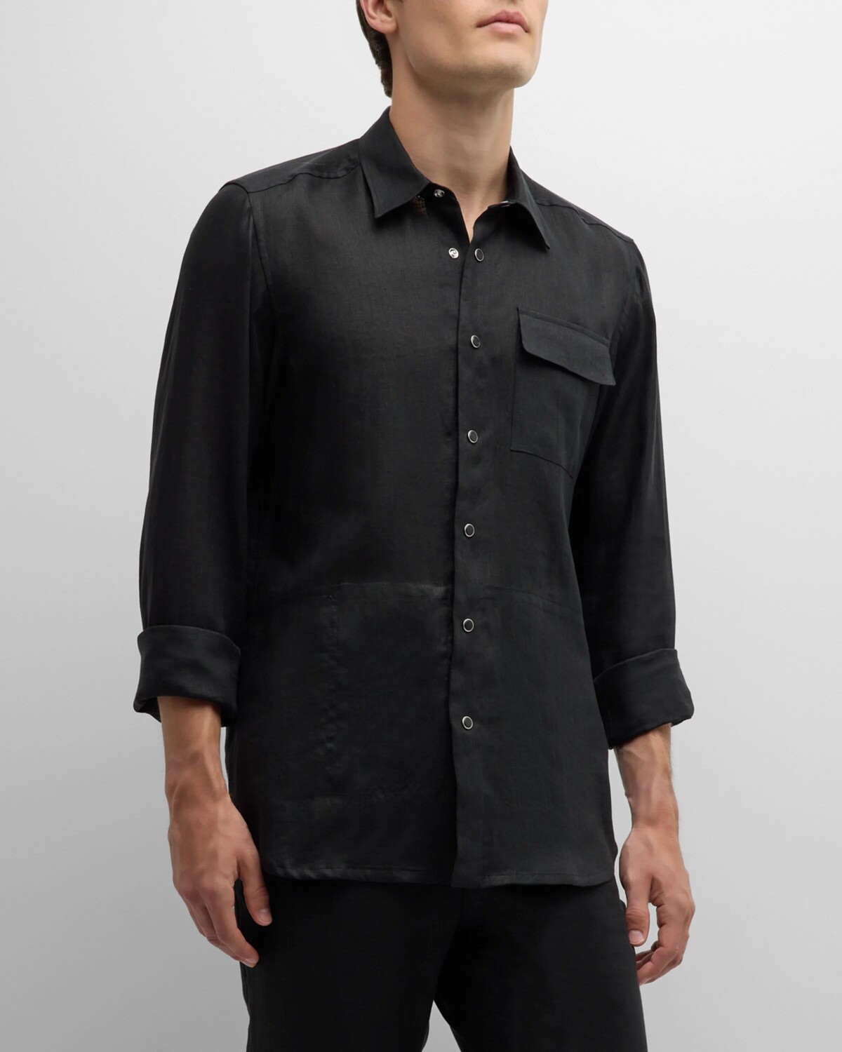 

Мужская льняная верхняя рубашка на кнопках спереди Kiton, цвет Black