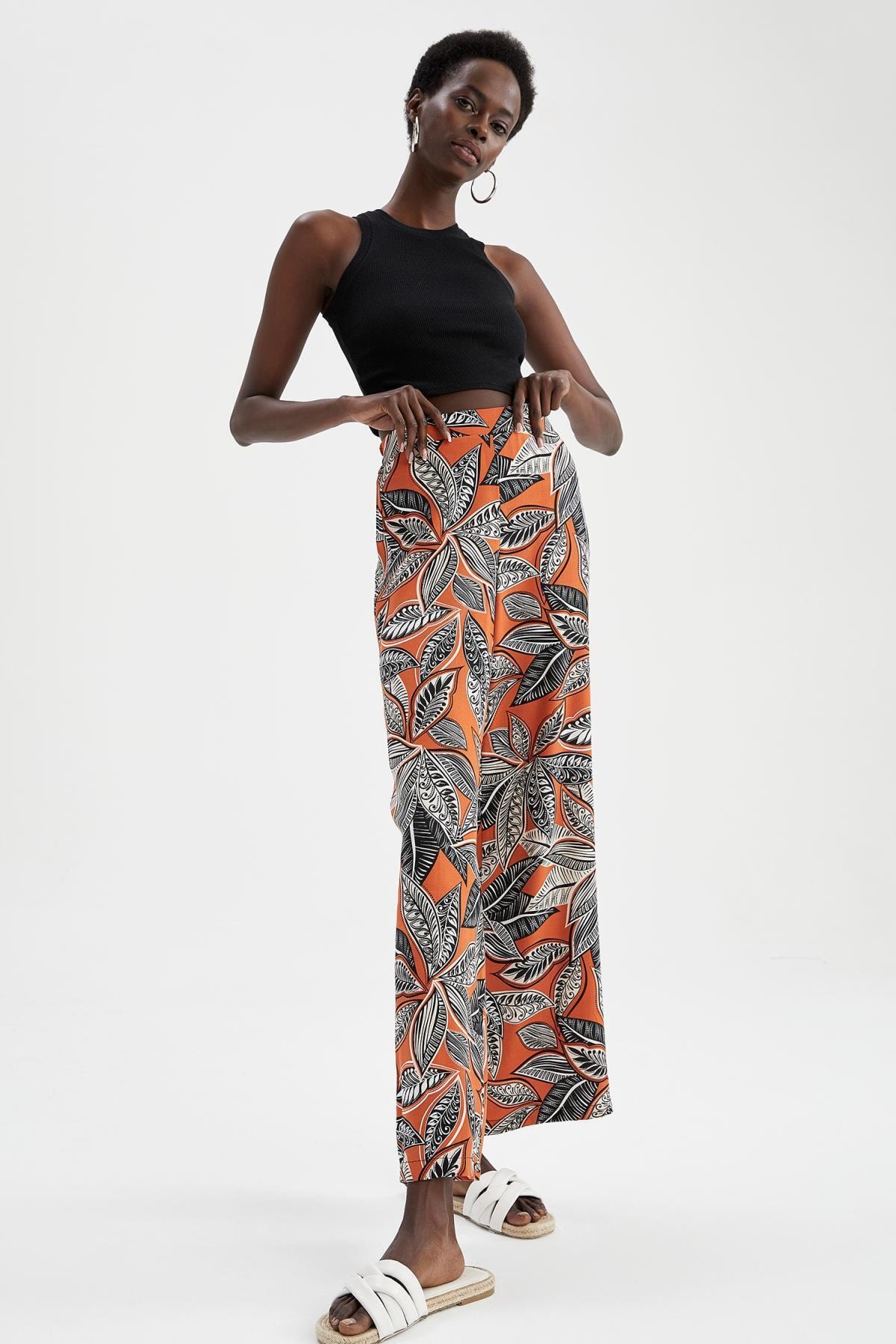 Широкие вискозные брюки палаццо с цветочным узором DeFacto, оранжевый цена и фото