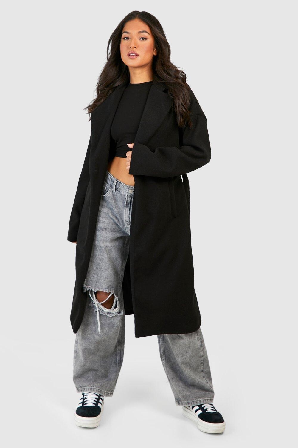 

Шерстяное пальто Petite с поясом boohoo, черный