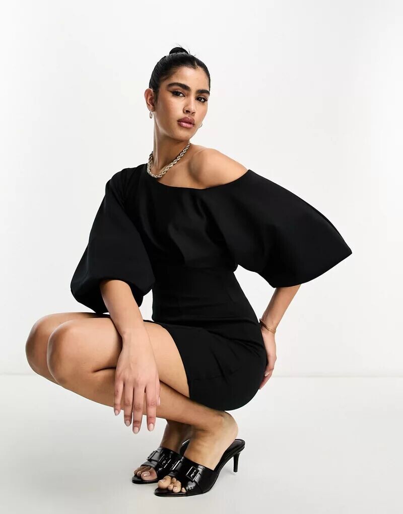 

Черное платье мини на одно плечо с пышными рукавами ASOS