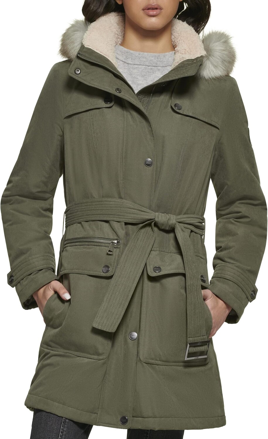 

Куртка Faux Fur Hood Belted Anorak DKNY, цвет Olive