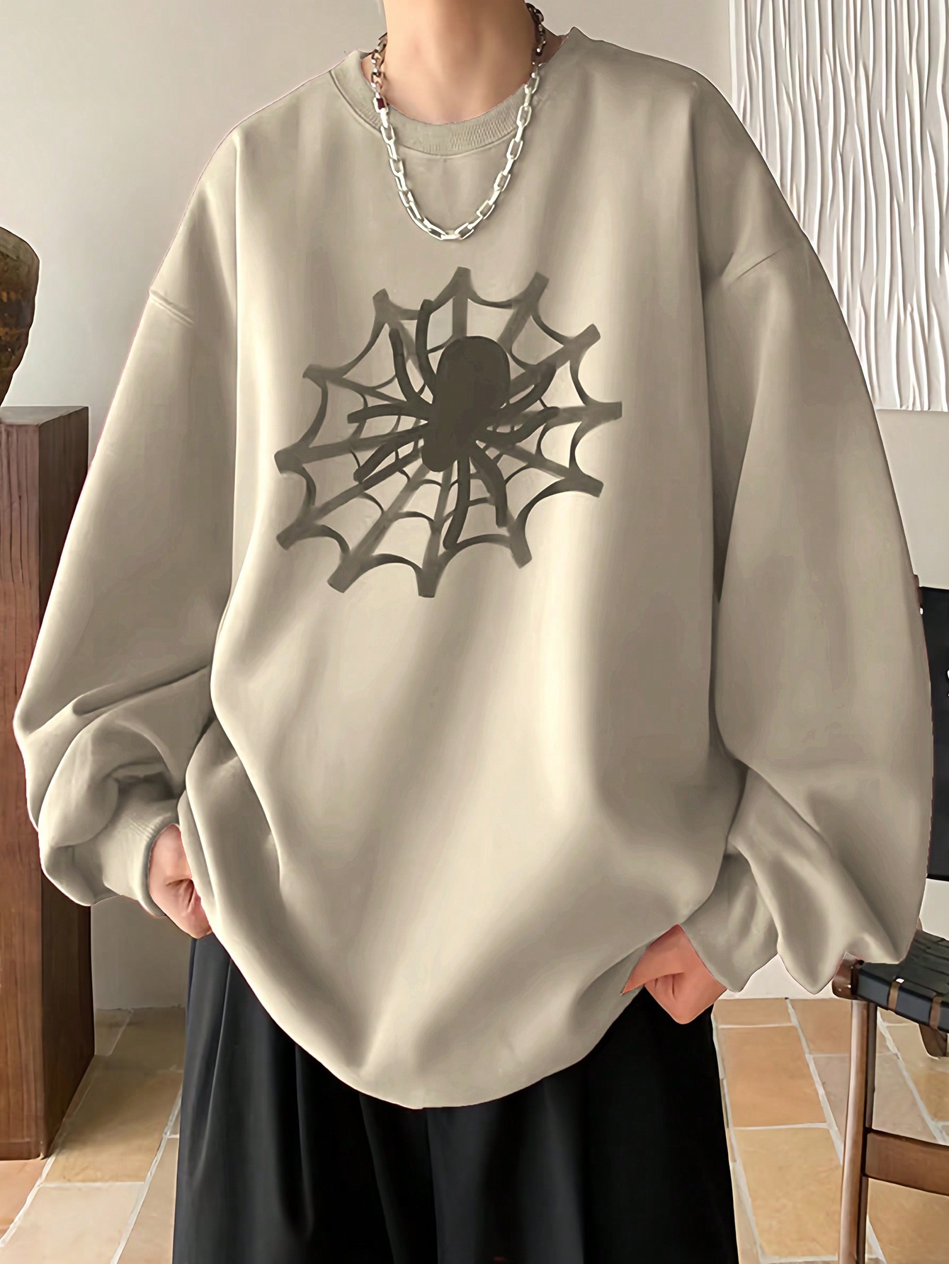 Manfinity EMRG Мужской пуловер свободного кроя с принтом паутины и заниженными плечами, абрикос