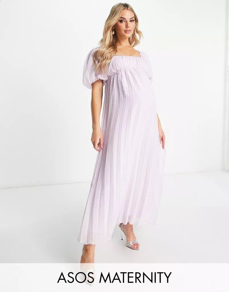 

Плиссированное платье миди из лавандовой ткани добби ASOS DESIGN Maternity с пышными рукавами и фестончатым подолом