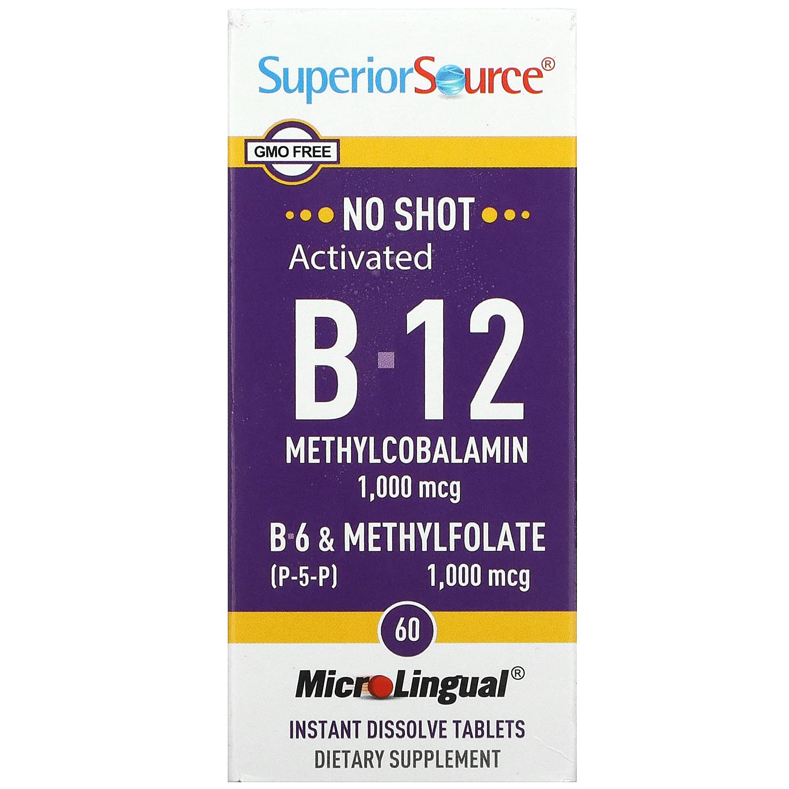 Superior Source Активированный B-12 метилкобаламин B-6 (пиридоксин) и метилфолат 1,000 мкг / 1,000 мкг 60 микролингвальных быстрорастворимых таблеток superior source метилфолат 1000 мкг 60 таблеток