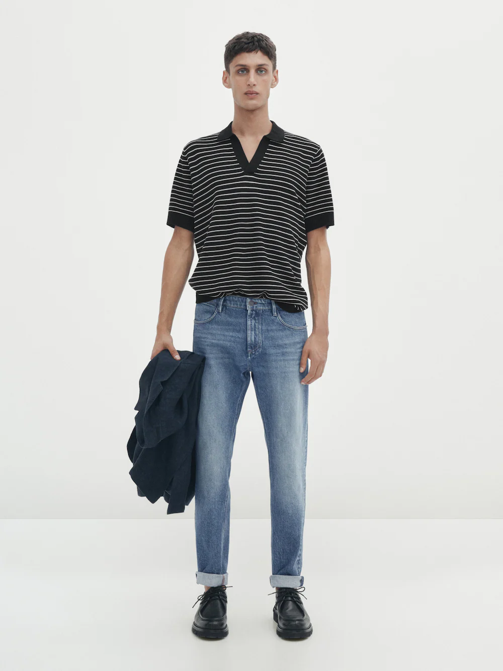 

Свитер поло с коротким рукавом в полоску Massimo Dutti, черный