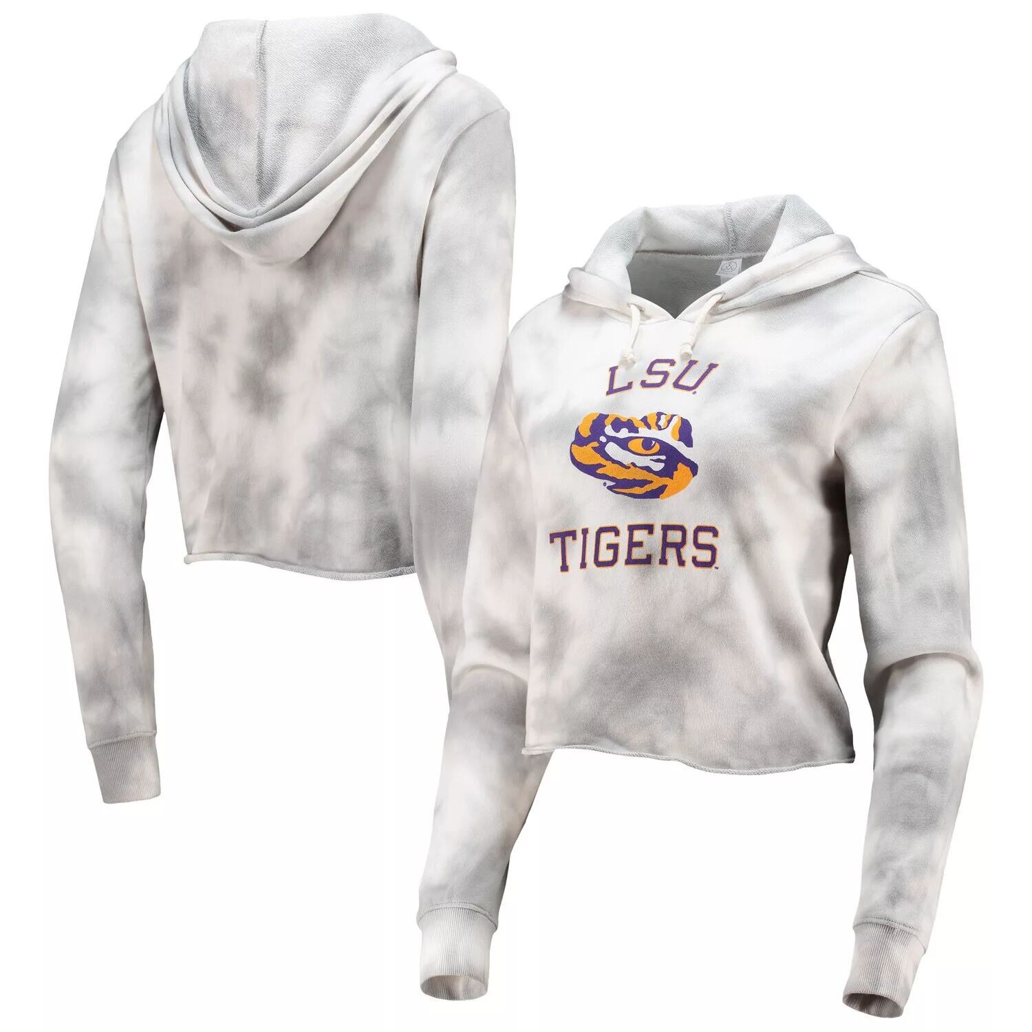 

Женская альтернативная одежда, серый укороченный пуловер с капюшоном LSU Tigers с необработанными краями и принтом тай-дай