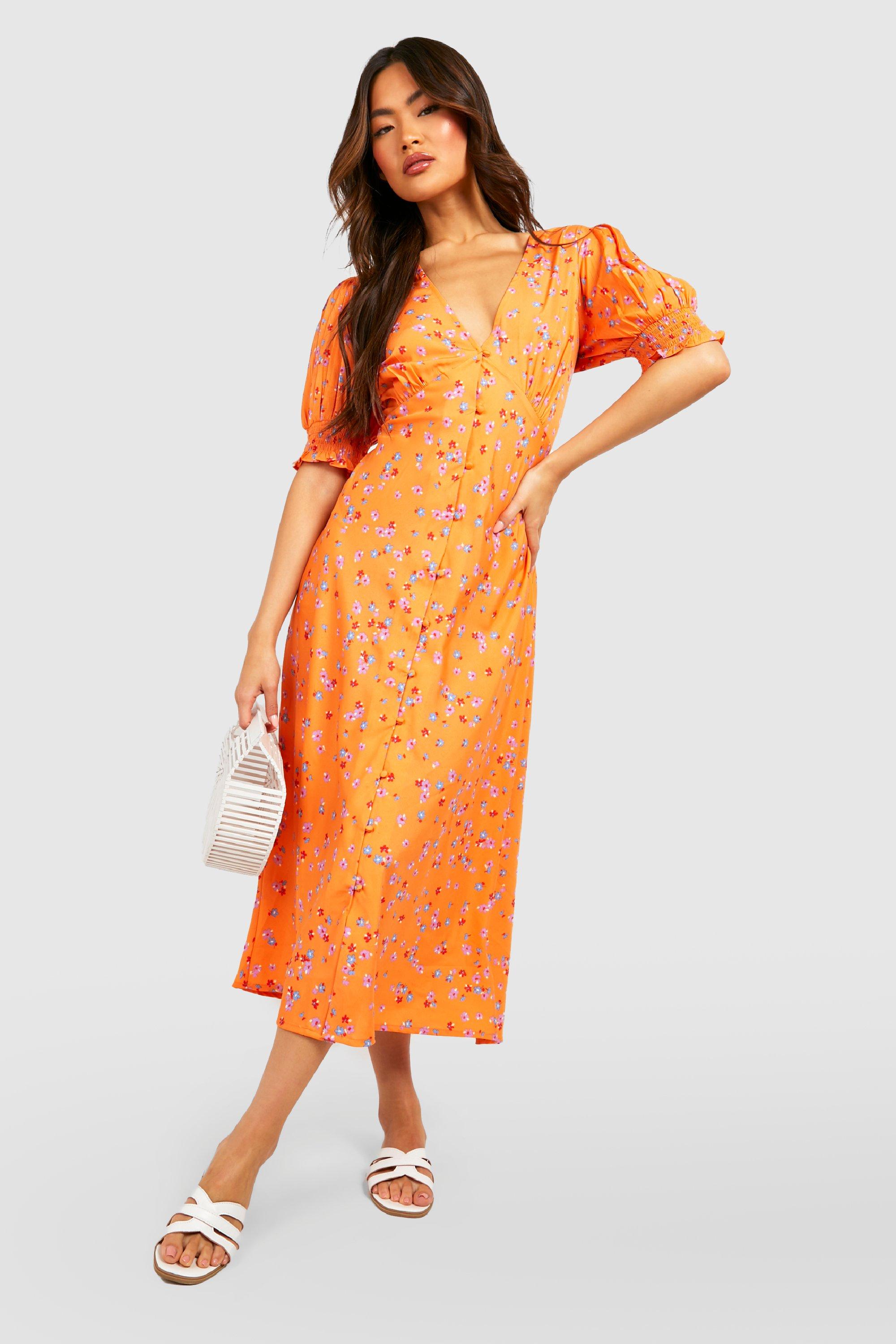 Платье миди с цветочными пуговиками Boohoo, оранжевый