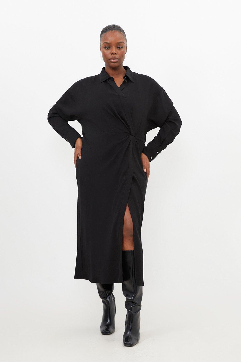 Платье-рубашка миди из вискозного крепа с длинными рукавами больших размеров Karen Millen, черный