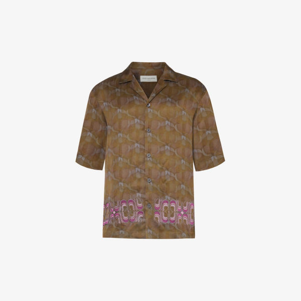 Атласная рубашка с абстрактным узором и контрастной вышивкой Dries Van Noten, хаки