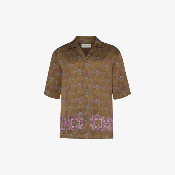 

Атласная рубашка с абстрактным узором и контрастной вышивкой Dries Van Noten, хаки
