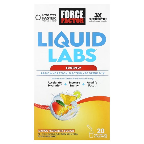 Смесь электролитов Force Factor Liquid Labs Energy для быстрого увлажнения, манго и маргарита, 20 стик-пакетов по 8 г force factor liquid labs energy манго и маргарита 20 пакетиков по 8 г 0 28 унции