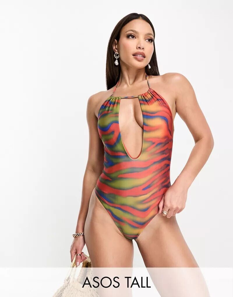 

Купальник с вырезом на бретельках и вырезом ASOS DESIGN Tall с зебровым принтом Thermal Map