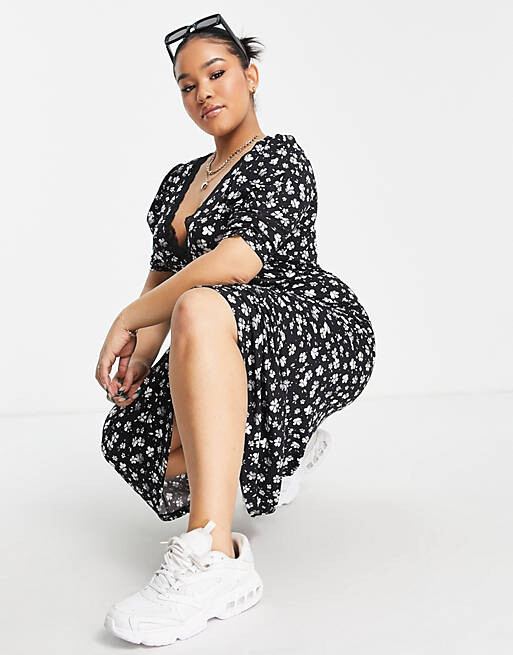 

Чайное платье макси с кружевом и моноцветным принтом ASOS DESIGN Curve