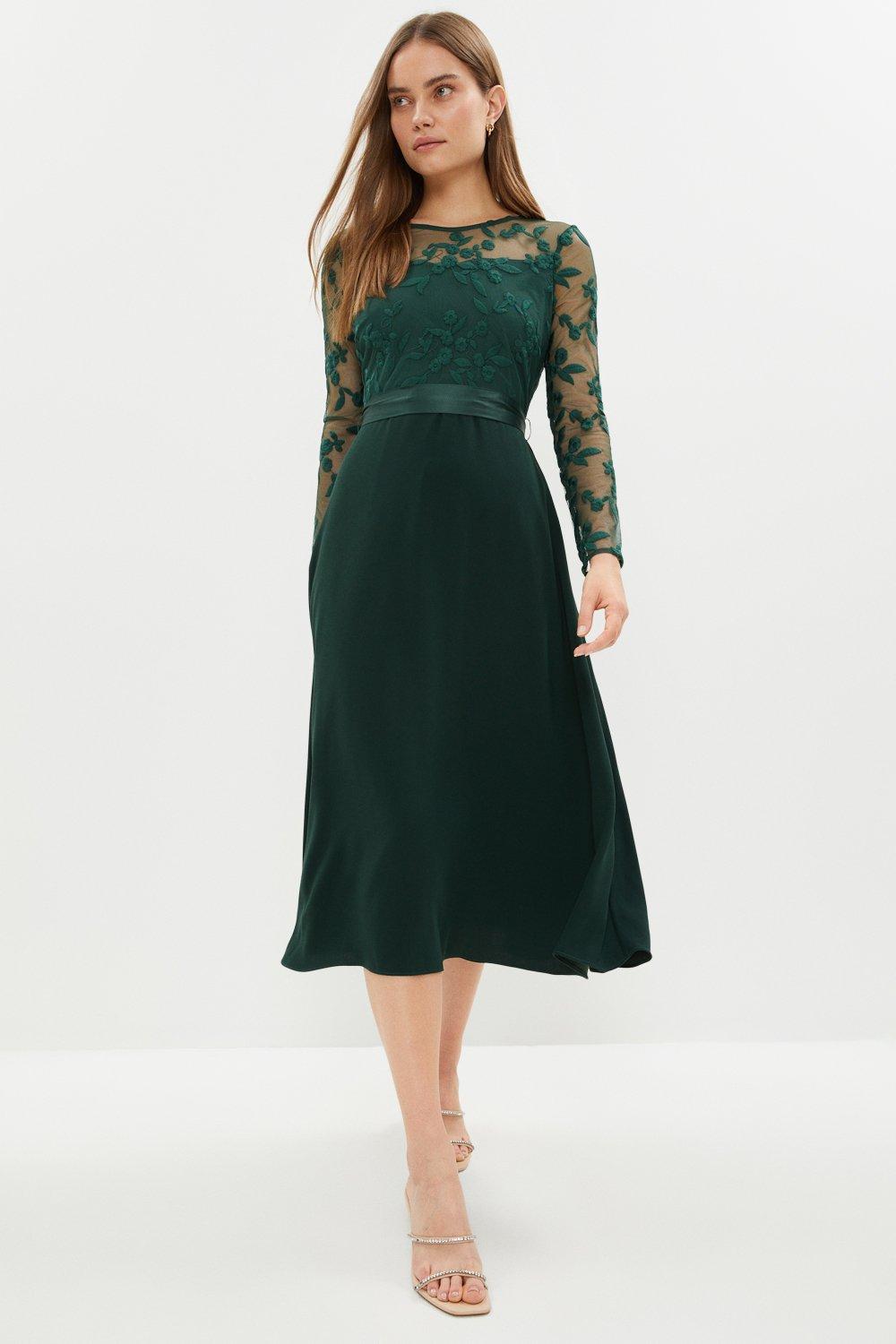 Платье-юбка из крепа с длинными рукавами и вышивкой Coast, зеленый
