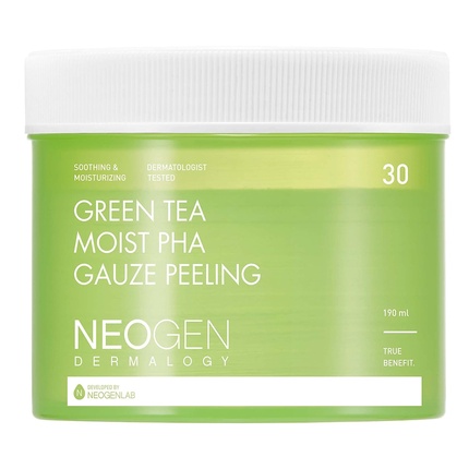 Марлевые подушечки для пилинга Green Tea Moist Pha, отшелушивающие и успокаивающие с содержанием Aha, Bha, Pha, Lha, зеленого чая и гиалуроновой кислоты, 30 шт., Dermalogy By Neogenlab