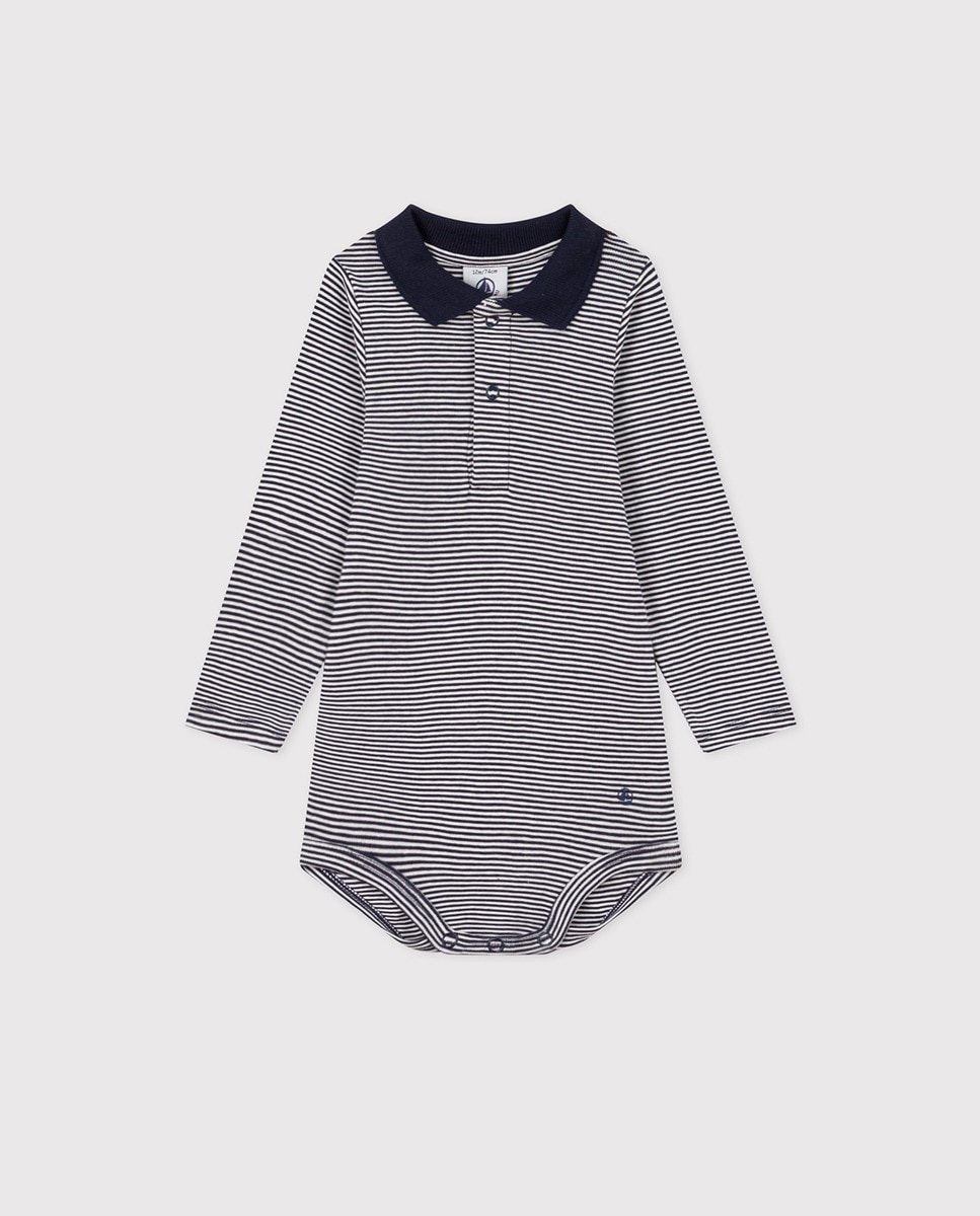 

Детское боди из хлопка с воротником в полоску и длинными рукавами Petit Bateau, синий