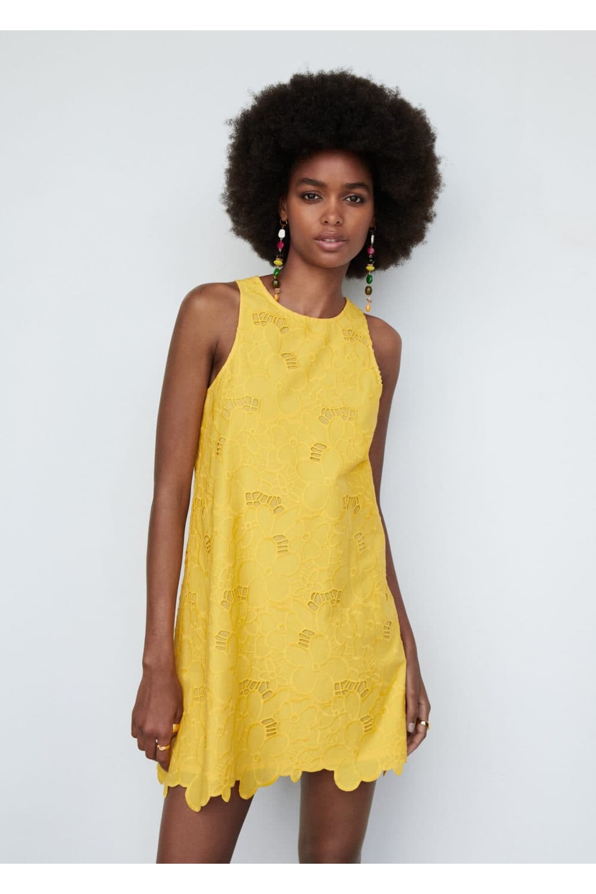 Ажурное детальное платье из хлопка Mango, желтый
