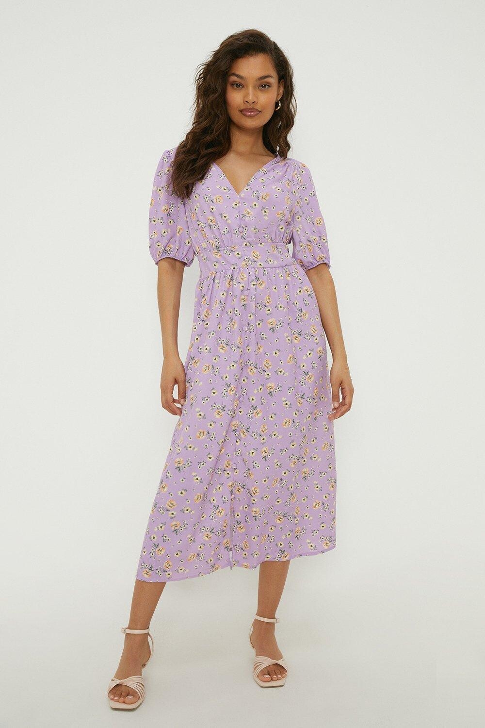 

Petite Фиолетовое платье миди с объемными рукавами и принтом Ditsy Dorothy Perkins, фиолетовый