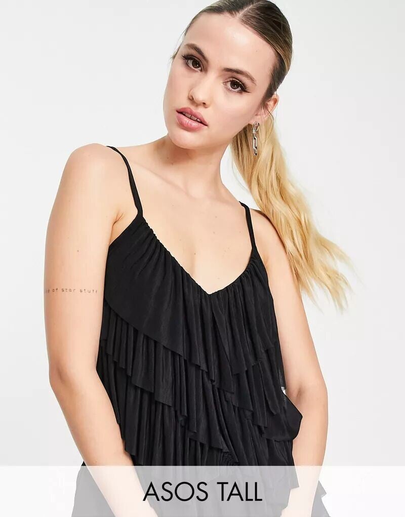 

Черный комбинезон с рюшами ASOS DESIGN Tall