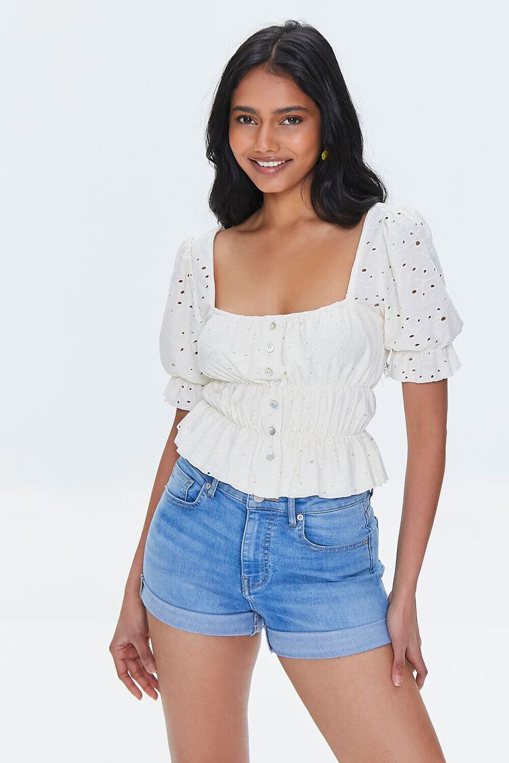 

Укороченный топ с люверсами и оборками Forever 21, кремовый