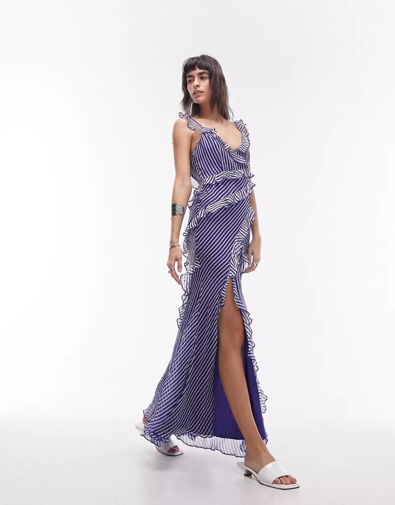 

Topshop — длинное платье в полоску синего цвета и цвета слоновой кости с рюшами