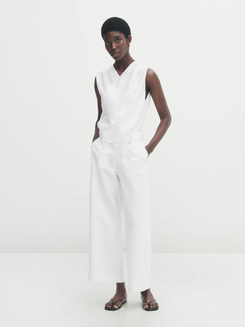 

Широкие брюки из смешанного хлопка и льна на кнопках Massimo Dutti, белый