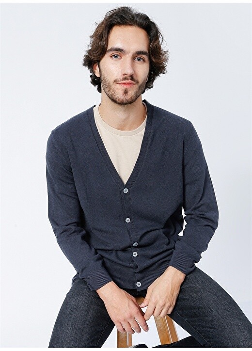

Slim Fit однотонный мужской кардиган антрацитового цвета с воротником Polo Studıo X Fabrika, Черный
