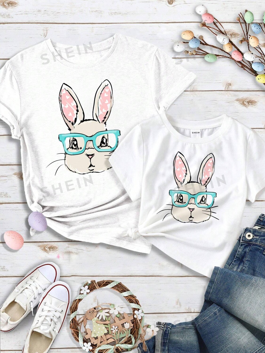 

SHEIN LUNE Повседневная футболка с короткими рукавами и круглым вырезом с принтом пасхального кролика, белый