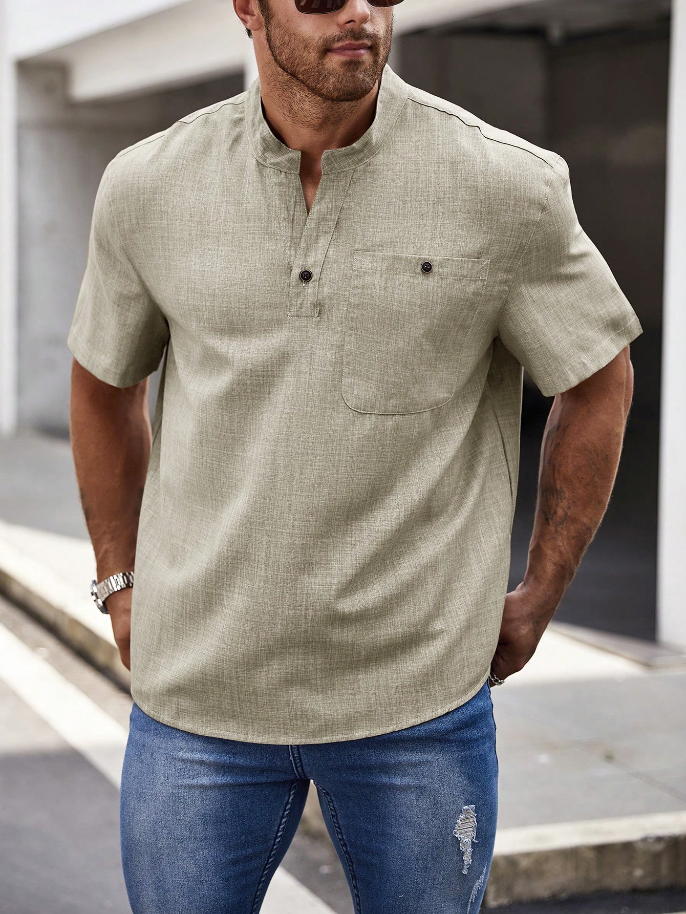 Мужская текстурированная рубашка на пуговицах Manfinity Homme больших размеров с полупланкой и накладным карманом больших размеров, абрикос