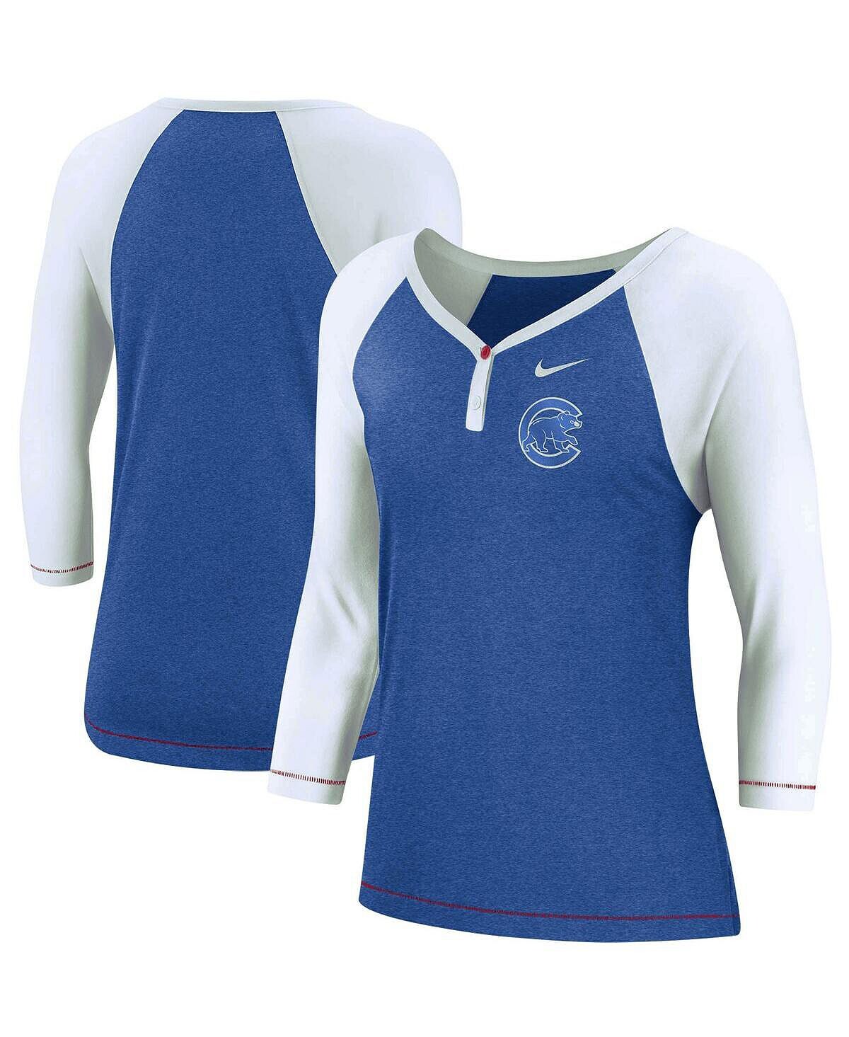 

Женская футболка Royal Chicago Cubs Henley с рукавами 3/4 реглан Tri-Blend Performance с v-образным вырезом Nike