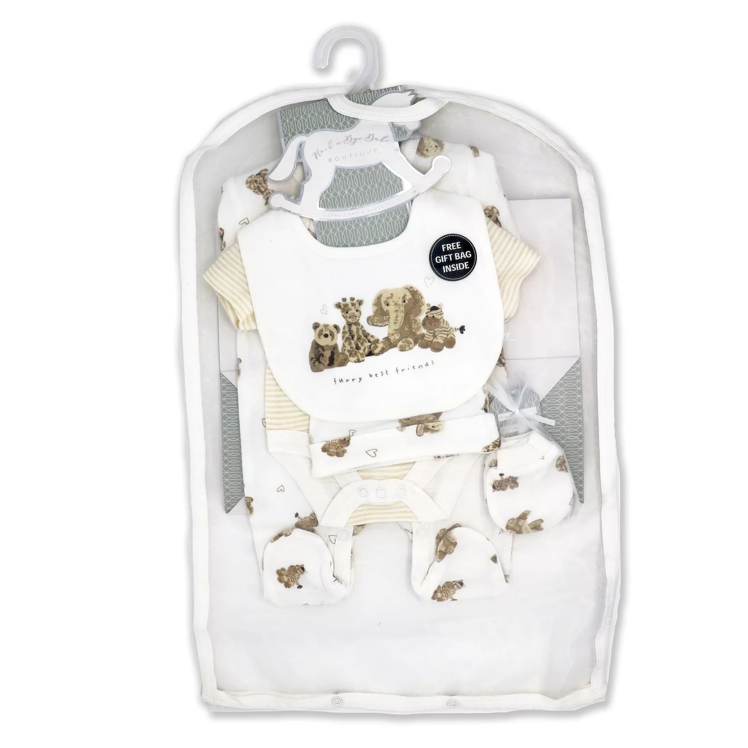 bye bye paris mother baby care bag hi̇gh quality warranty period month 12 Подарочный набор Furry Besties из 5 предметов для мальчиков и девочек в сетчатой ​​сумке Rock A Bye Baby Boutique