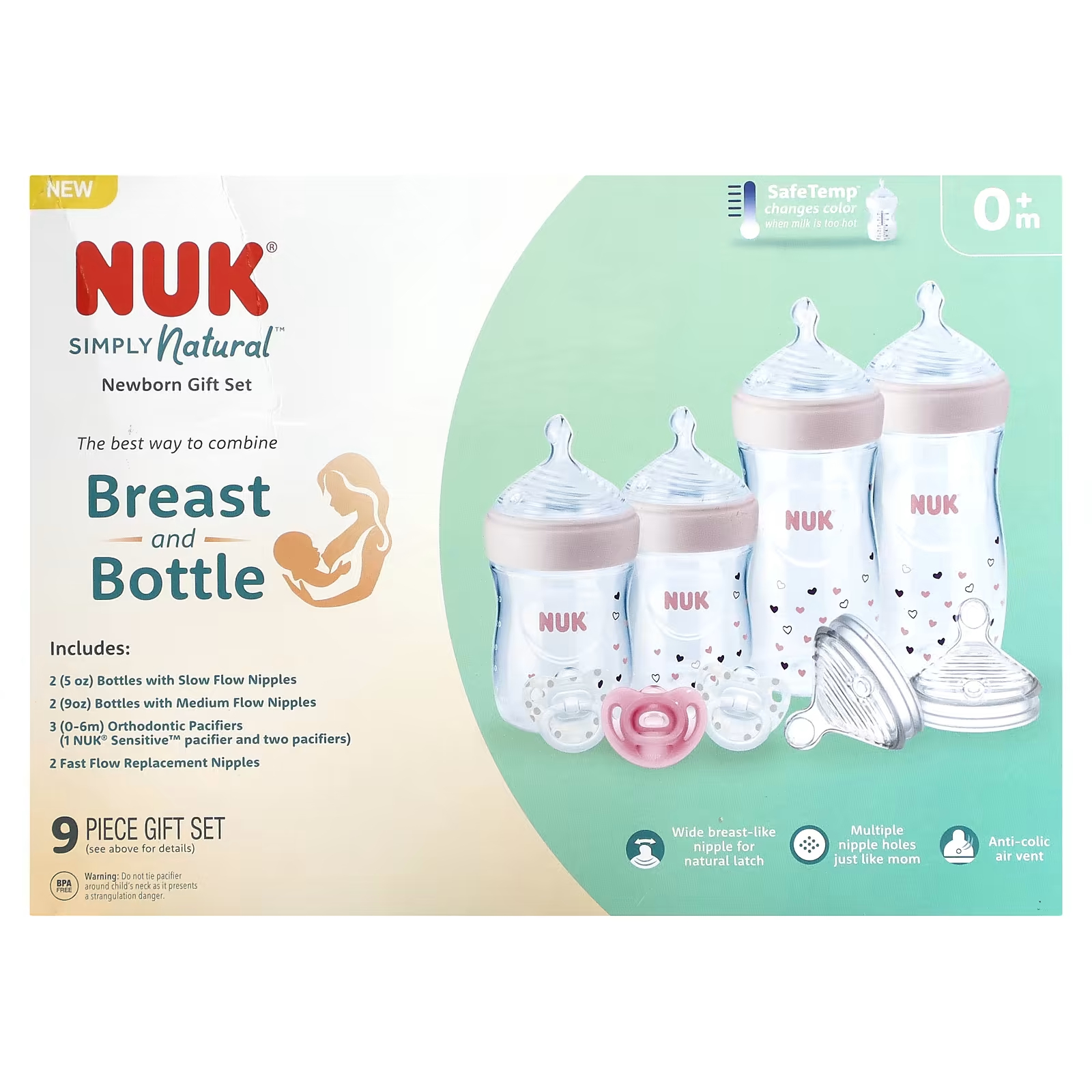 Бутылочка NUK Simply Natural с SafeTemp для новорожденных от 0 месяцев, 9 предметов бутылочки для кормления 2 шт по 150 мл nuk simply natural with safetemp розовый