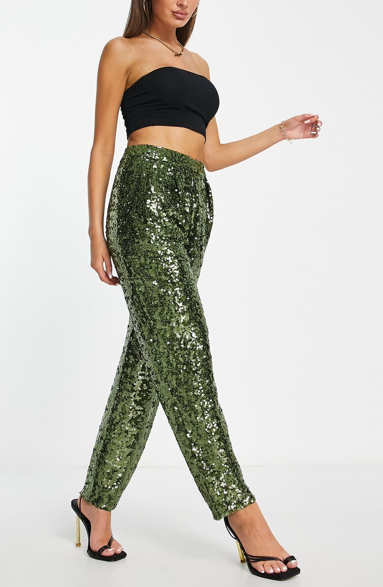 

Брюки прямого кроя с пайетками с напуском ASOS DESIGN