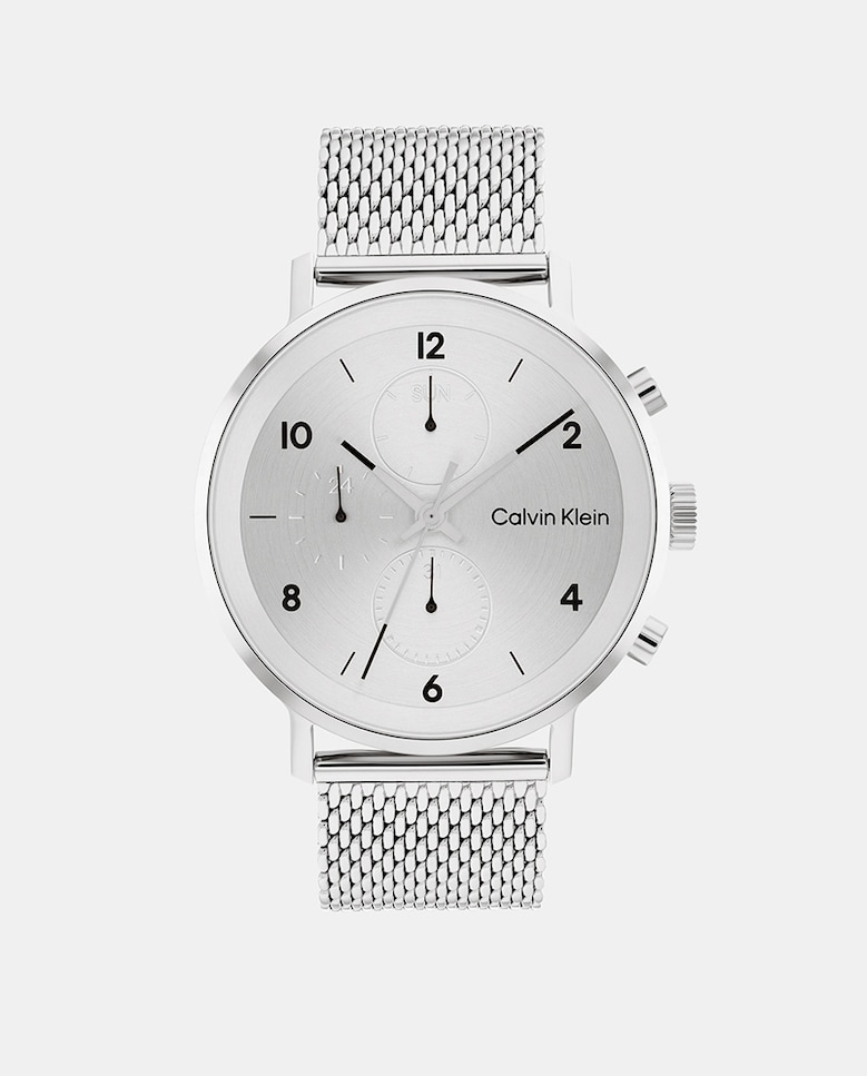 цена Современные многофункциональные мужские часы со стальной сеткой 25200107 Calvin Klein, серебро